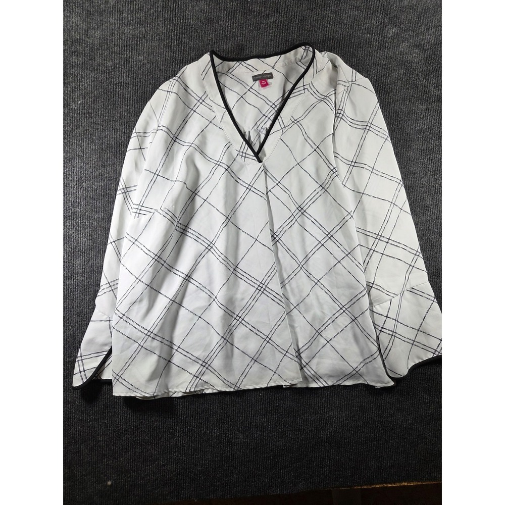Vince Camuto Womens 2X‎ White Black Windowpane Plaid V-Neck Bell Sleeve Blouse